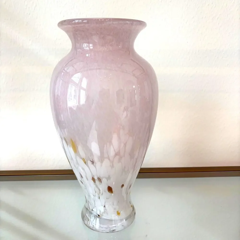 Murano Style Art Glass Vase 11.5in Pastel Pink White Speckled Gold Accents NEW